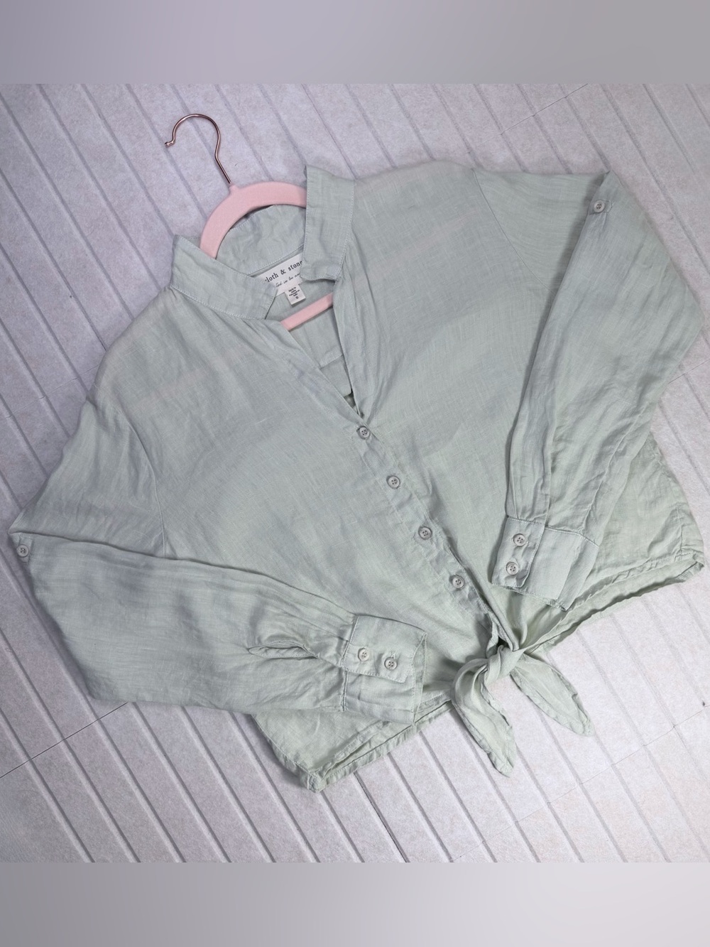 Cloth & Stone 100% Linen Sage Green Relaxed Button-Up Long Sleeve Tie Top S